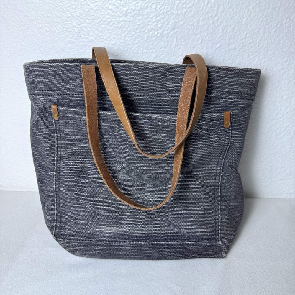 Madewell The Canvas Medium Transport Tote In Distressed Gray Brown Leather Strap